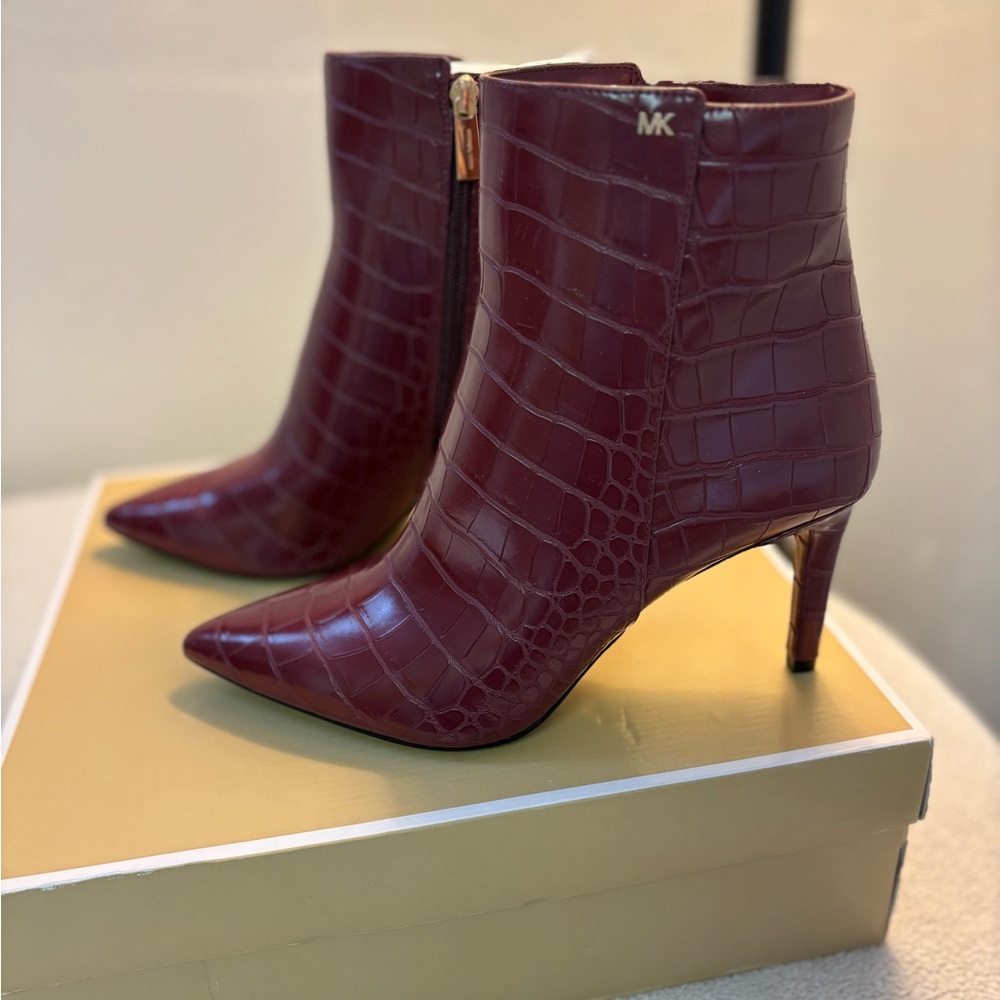 Michael Kors Dark Cherry Croc-Embossed Ankle Boots